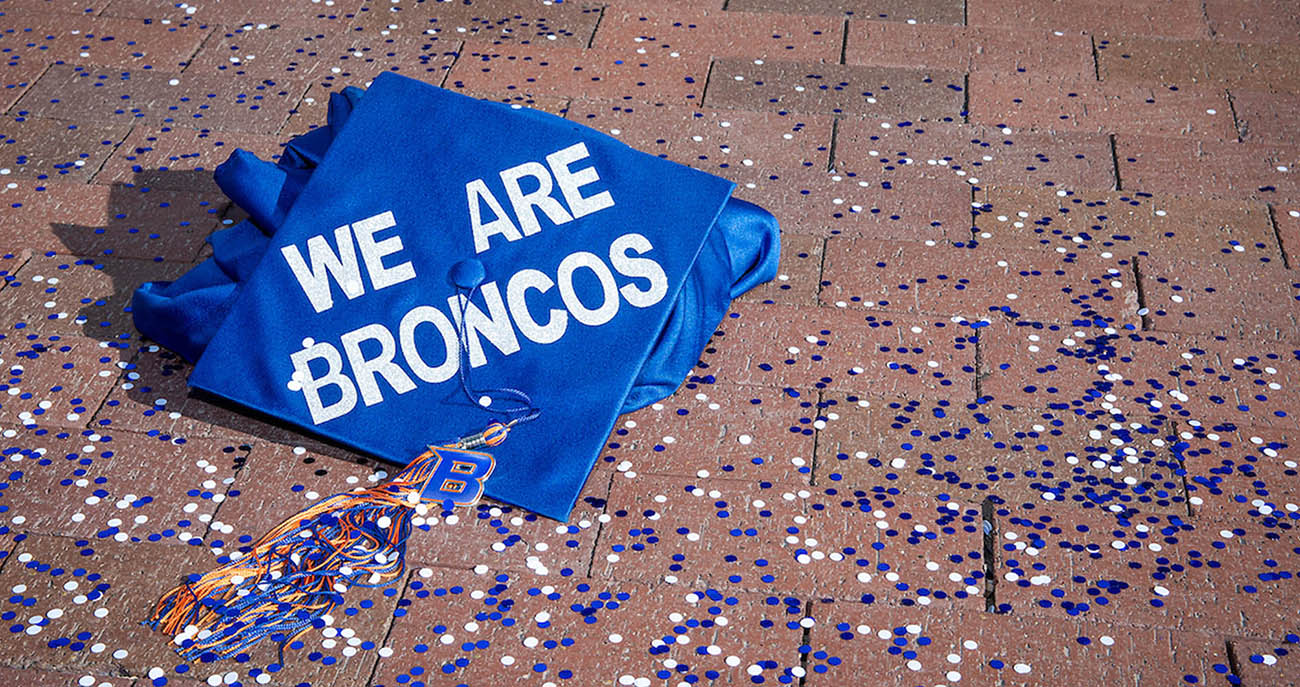 Boise State Graduation Cap with confetti