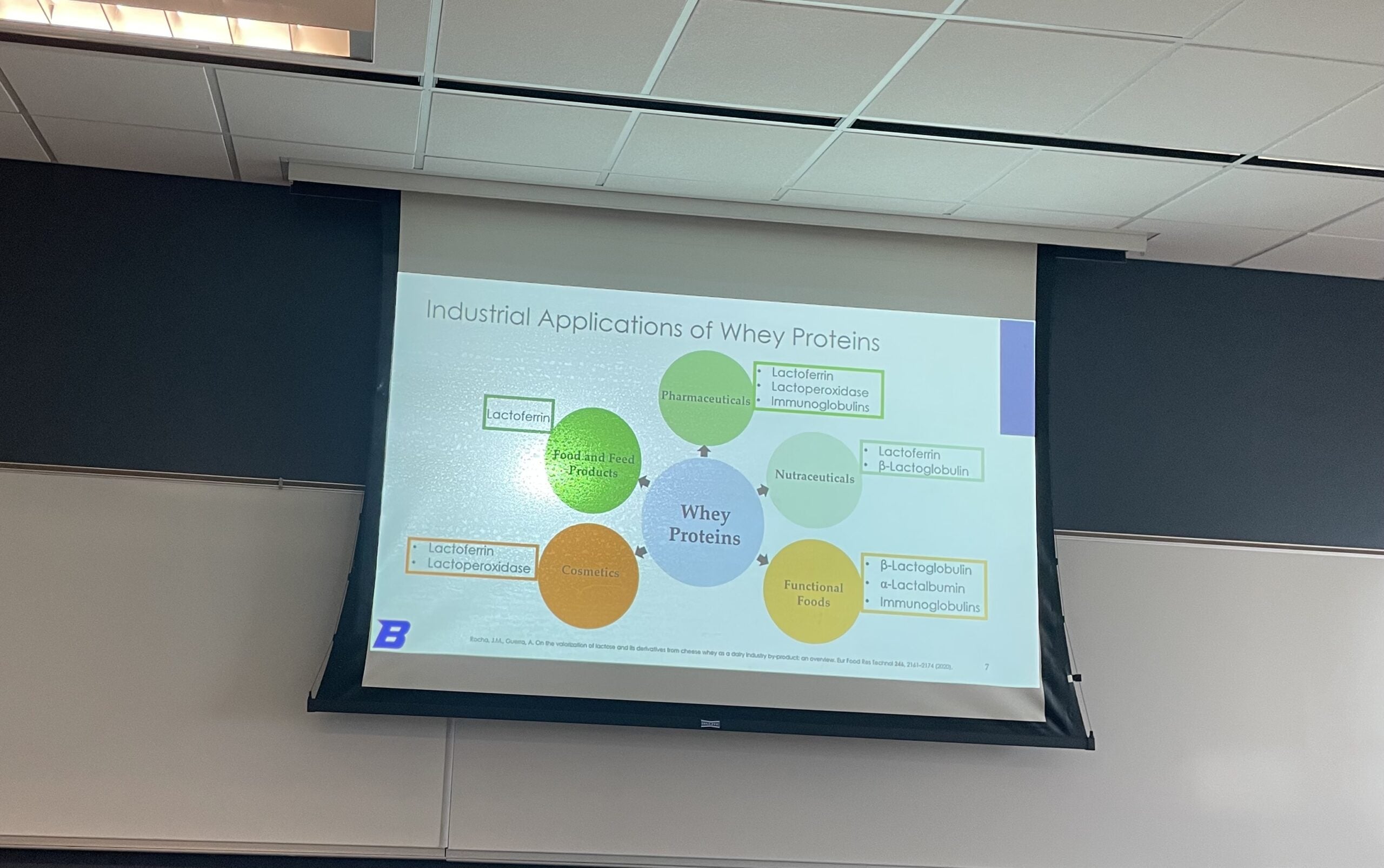 Photo of a presentation slide titled, "Industrial Applications of Whey Proteins"