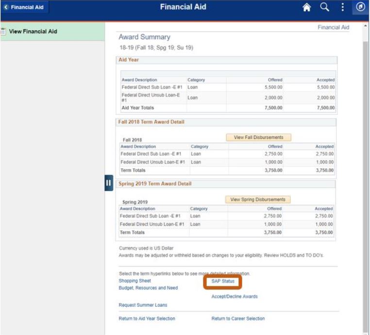 screenshot of financial aid page highlighting SAP status link