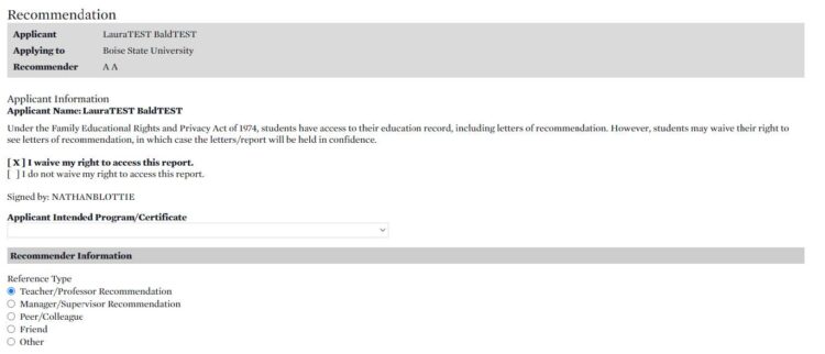 Recommendation form showing waived rights to view a letter.