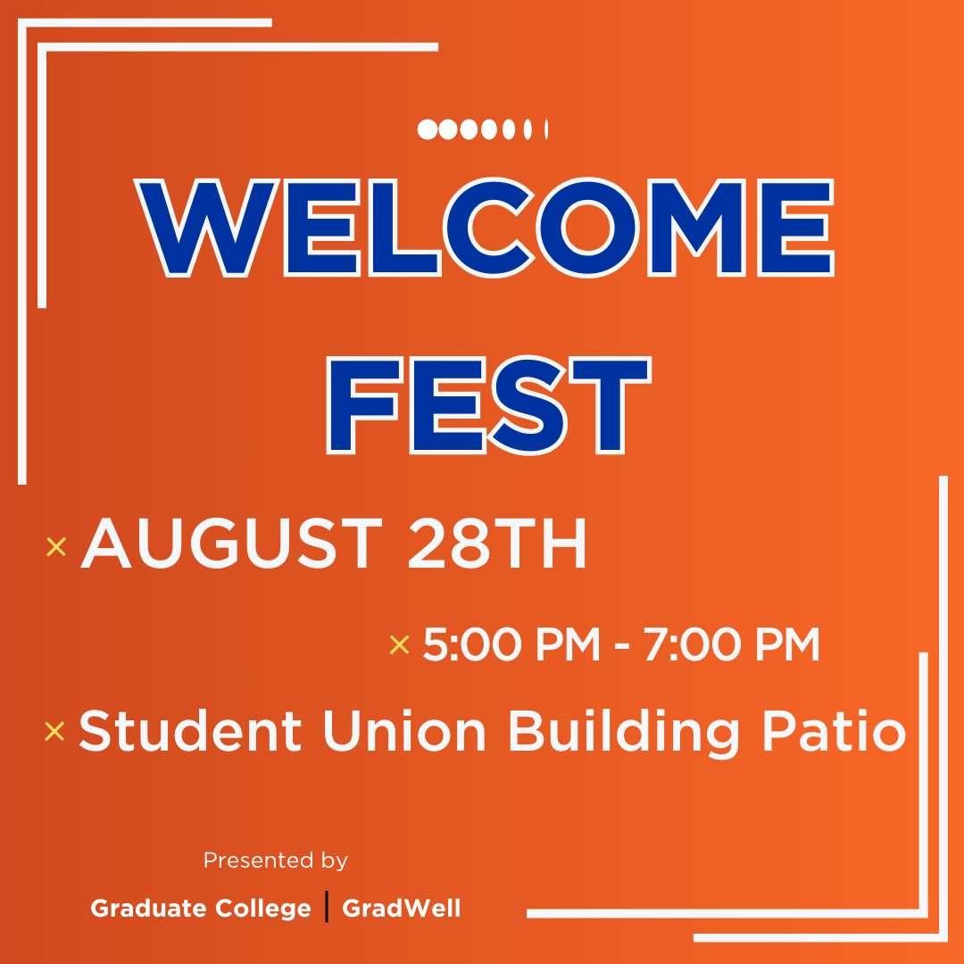 The graphic reads, "Welcome Fest, August 28th, 5:00 pm to 7:00 pm, Student Union Building Patio, Presented by Graduate College dash GradWell"