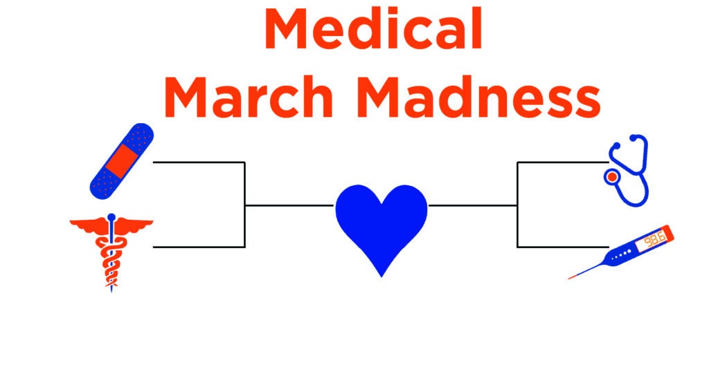 a tournament bracket with a heart at the center and these icons in place of team names: band-aid, caduceus, stethoscope, thermometer