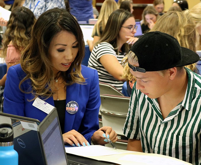 Director of Advising Mary Crowell advises incoming students during orientation 2019