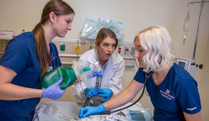 Respiratory Care faculty works with two students to intubate a manikin