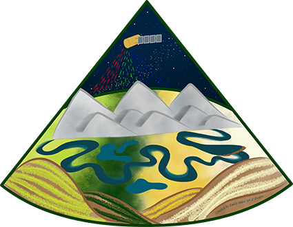 An illustration of a NASA satellite collecting images of an Idaho landscape with mountains, hills and rivers across spring, summer, fall and winter seasons. Graphic created by Emily Iskin Art and Design.