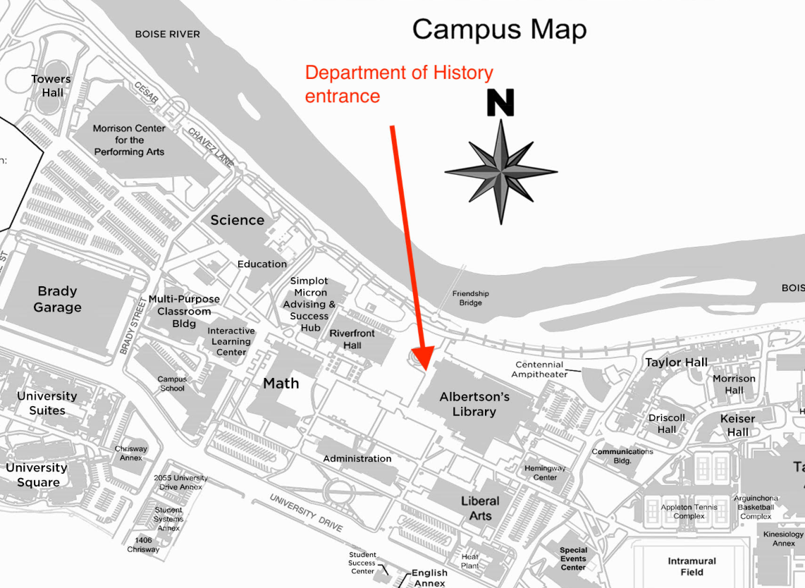 campus map highlighting department of history entrance