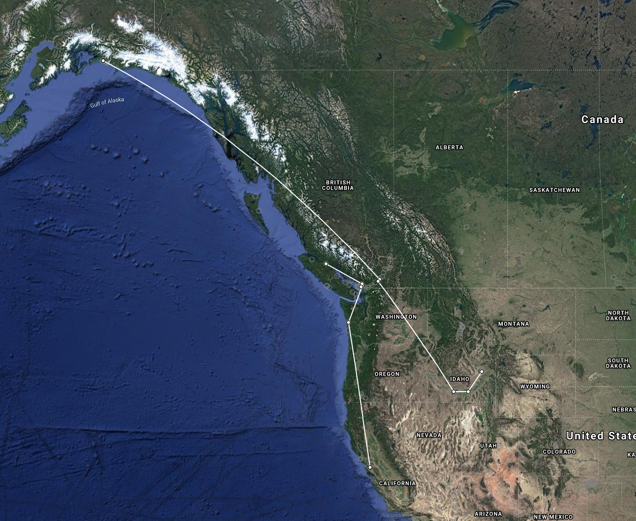 the map shows a point in california, a point along the washington coast, and two points along vancouver island during spring migration. Then during fall migration it shows a point along the coast of southern alaska, then a point in southern british columbia, and three points along the snake river plain in Idaho
