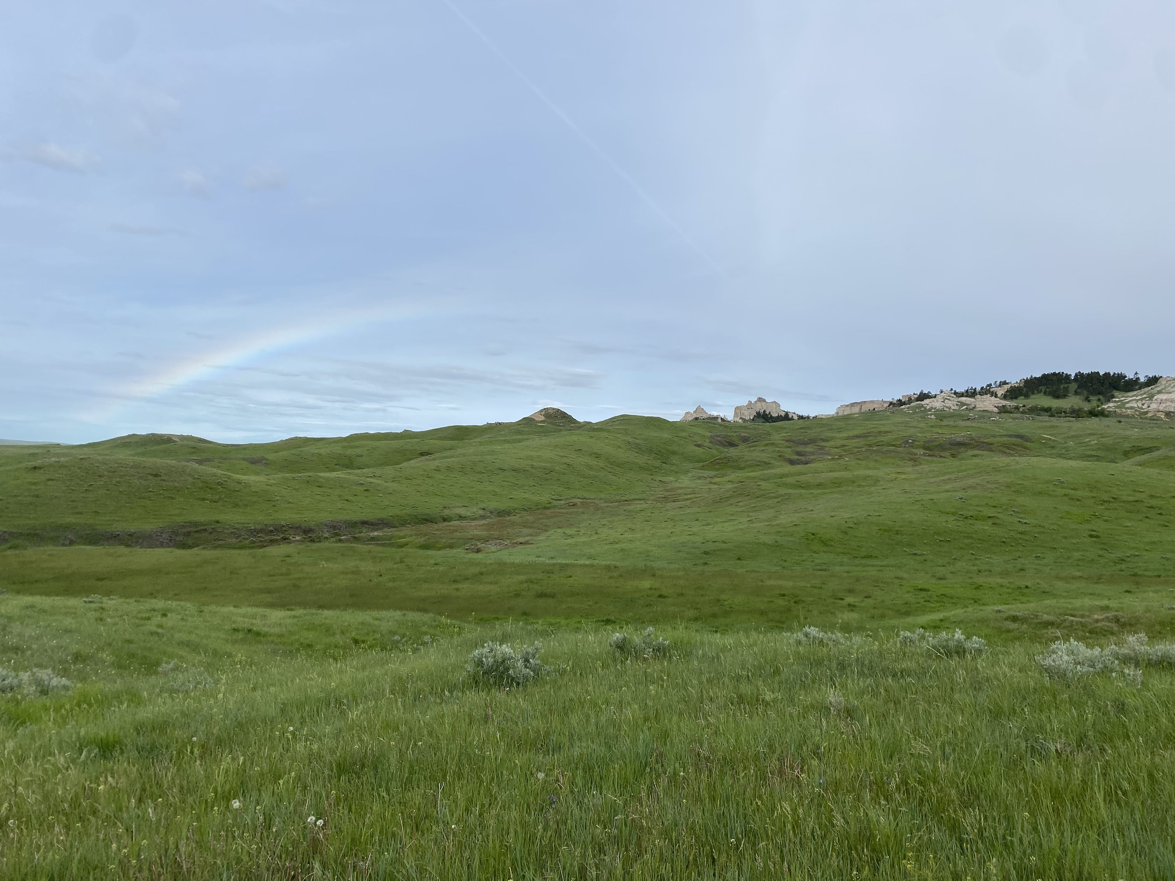 image shows a view of bright green grasslands and rolling hills. In the distance are some rocky outcrops. The sky is blue with a hint of a rainbow arching on the horizon