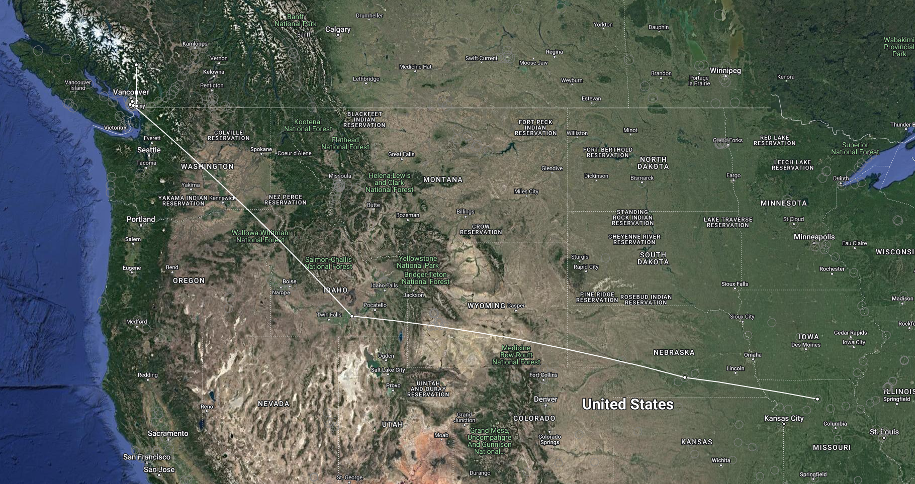 Migratory route of Swainson's Thrush "B" from British Columbia to Missouri