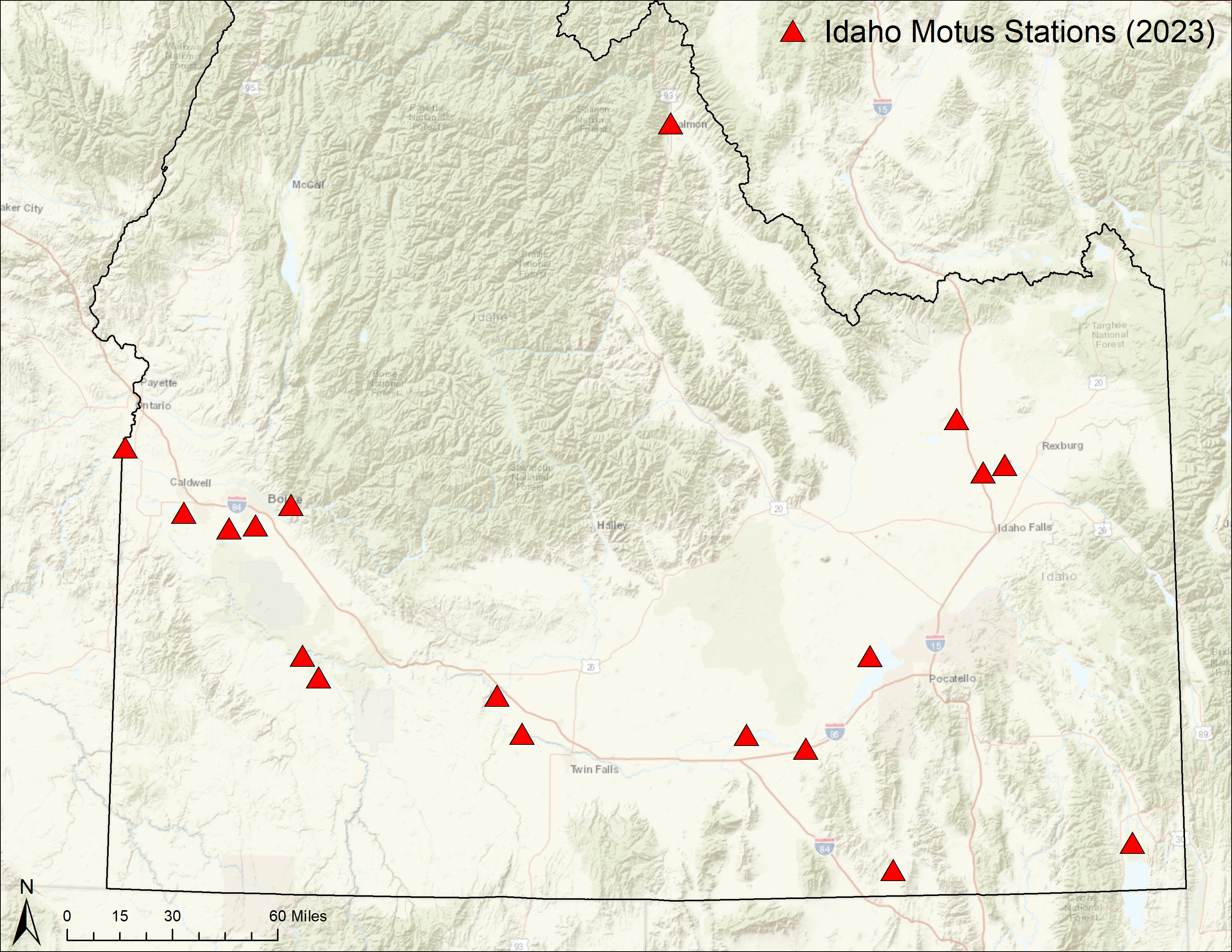 A map of south and central Idaho shows 18 red triangles marking the locations of Motus stations throughout the state. Most are concentrated along the Snake River Plain across the southern portion of the state. One is located near Salmon, Idaho and two more are in the far southeastern corner near the border with Utah.