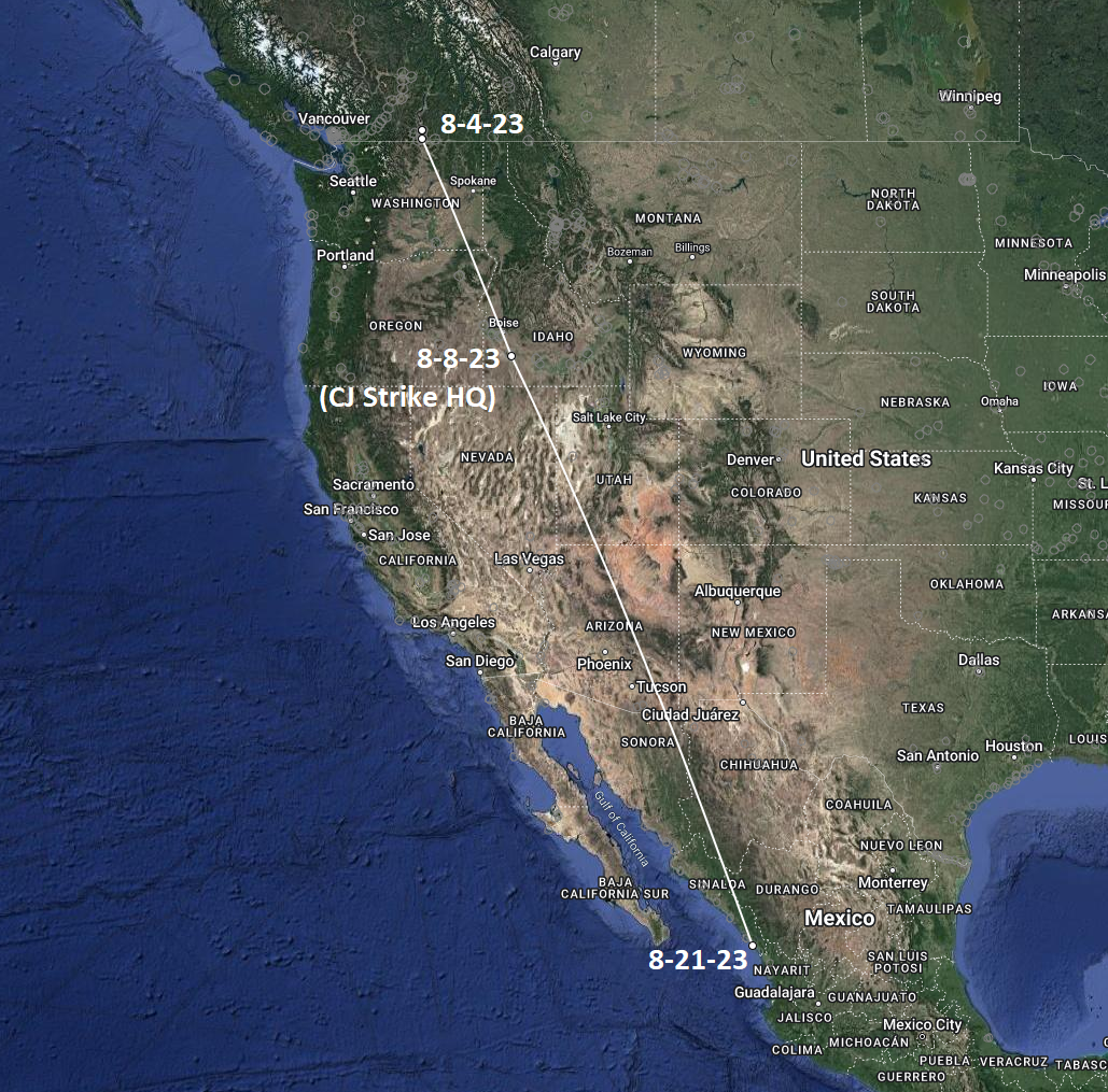 A map of a Willow Flycatcher's migration route. On August 4th the bird was tagged in southern British Columbia. On August 8th it was picked up at the CJ Strike Motus station in southern Idaho. Then it was detected at a station near Nayarit, Mexico on August 21st