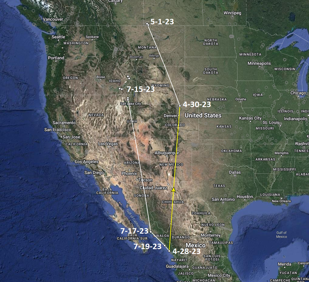 a map of western North America shows two migration tracks of a Willet. On April 28th it was tagged in coastal Sinaloa, Mexico. One April 30th it was detected in northern Colorado. On May 1st the bird was in southern Saskatchewan near the Montana border. After the breeding season, the bird was detected near Salt Lake City on July 15th, then northern Sinaloa on July 17th. It returned to the wintering location where it was first tagged on July 19th.