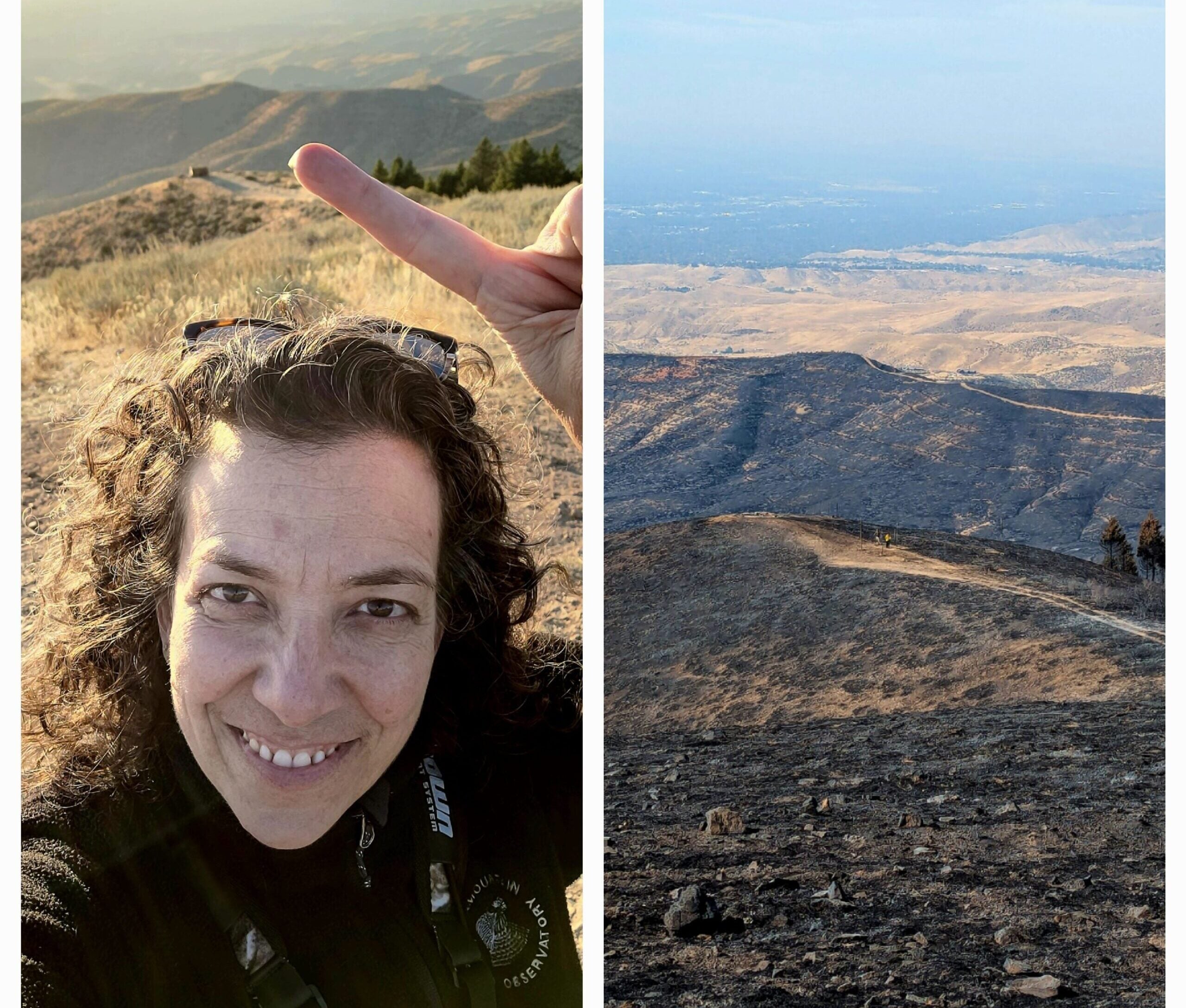 two views: on the left, Heather smiles in a selfie with the hawk trapping blind in the background. the sagebrush steppe habitat on the hill is thick with shrubs and grasses. On the right, the same photo perspective shows a completely charred black landscape of hills looking down toward the hawk trapping area. where the trapping blind once stood is a flat patch of bare brown earth