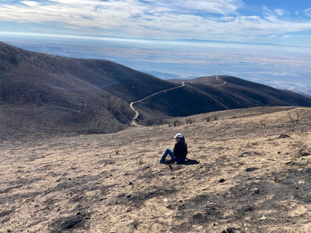 Kelley sits in the middle of bare scorched earth overlooking the burned hillsides beyond