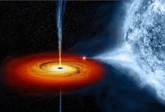 A black hole surrounded by a yellow and red accretion disk is pulling in matter from a close blue star. Matter from the star is being accreted into the disk as the black hole spins.