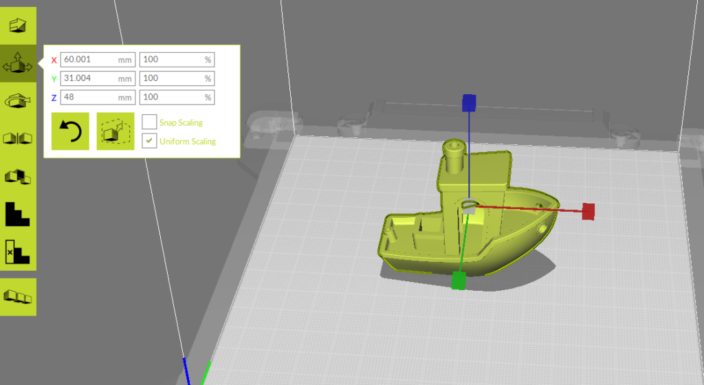 screenshot of Cura workspace illustrating scaling tools