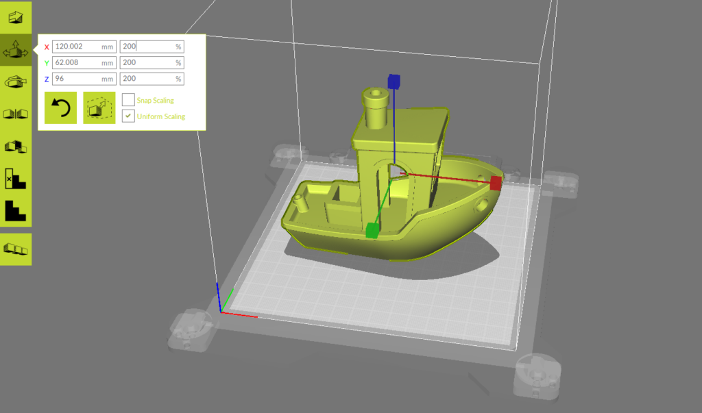 screenshot of Cura workspace illustrating scaling tools