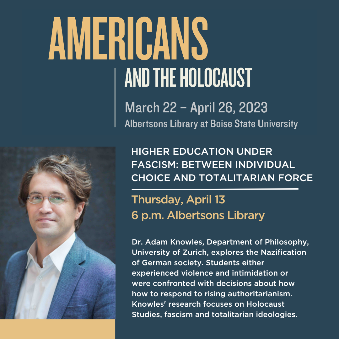  Dr. Adam Knowles, Department of Philosophy, University of Zurich, explores the Nazification of German society. Students either experienced violence and intimidation or were confronted with decisions about how to respond to rising authoritarianism. Knowles' research focuses on Holocaust Studies, fascism and totalitarian ideologies.