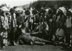 Members of the Nez Perce and actor Robert Warwick on the set of Told in the Hills