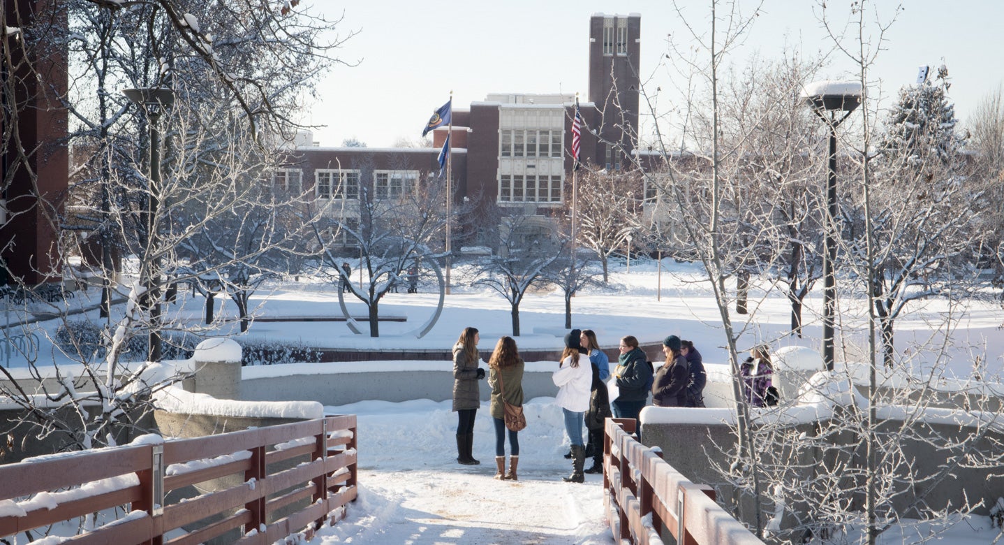 Snow scene looking from Friendship Bridge to the Administration Building.