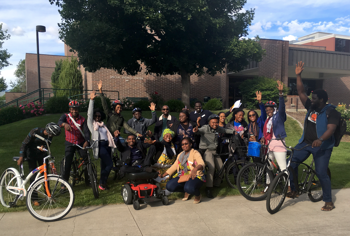 A cohort of African fellows pose on the Boise State campus.