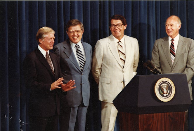 President Jimmy Carter, Senator Frank Church, Governor John Evans, Secretary of the Interior Cecil Andrus