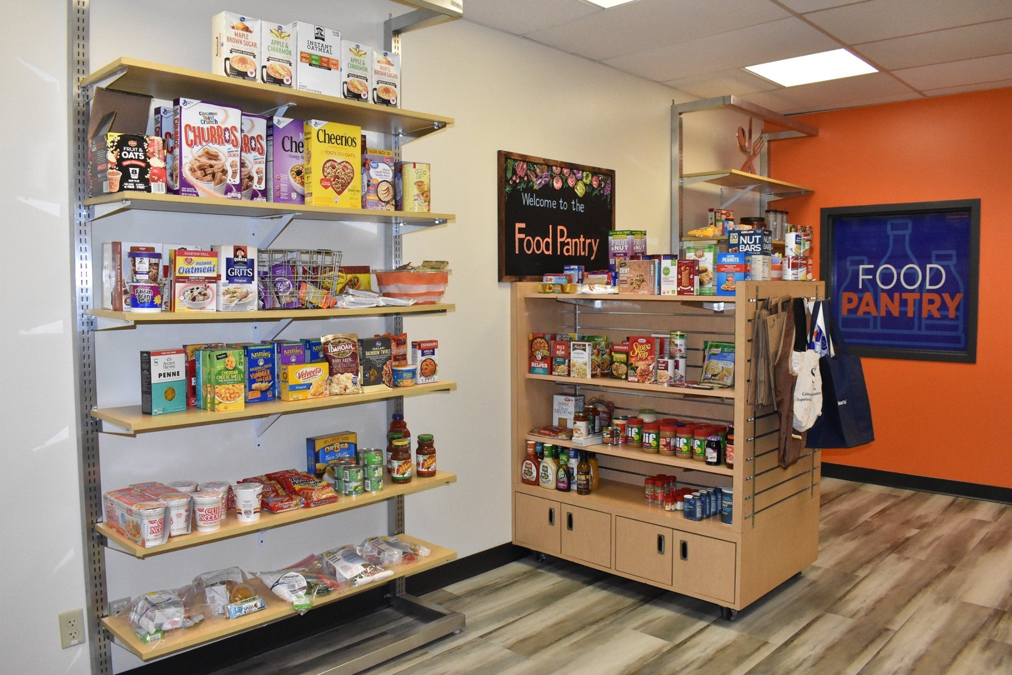 Food pantry with shelves of food