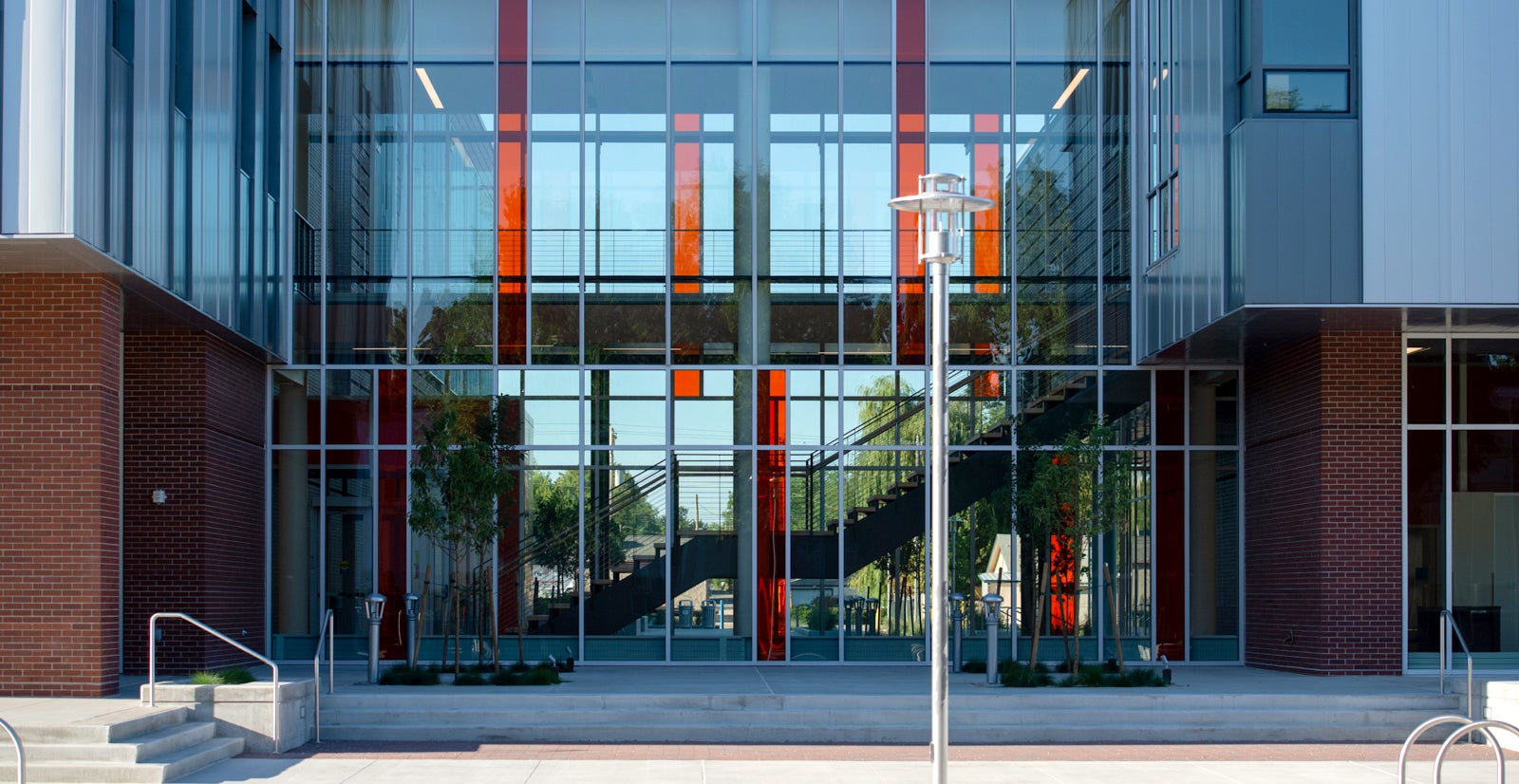Close up view of large glass windows on front of Materials Research building