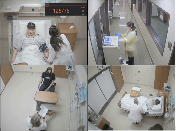 Image is divided into four quarters. Quarter one: a nurse taking a mannequin's blood pressure, with the blood pressure value displayed for the viewer in the upper right corner. Quarter 2: A nurse applies personal protective equipment from a cart in a hospital hallway. Quarter 3: A nurse takes notes in a notebook and sits across a table from a patient in a consultation room. Quarter 4: A nurse adjusts bedding for a mannequin patient. 