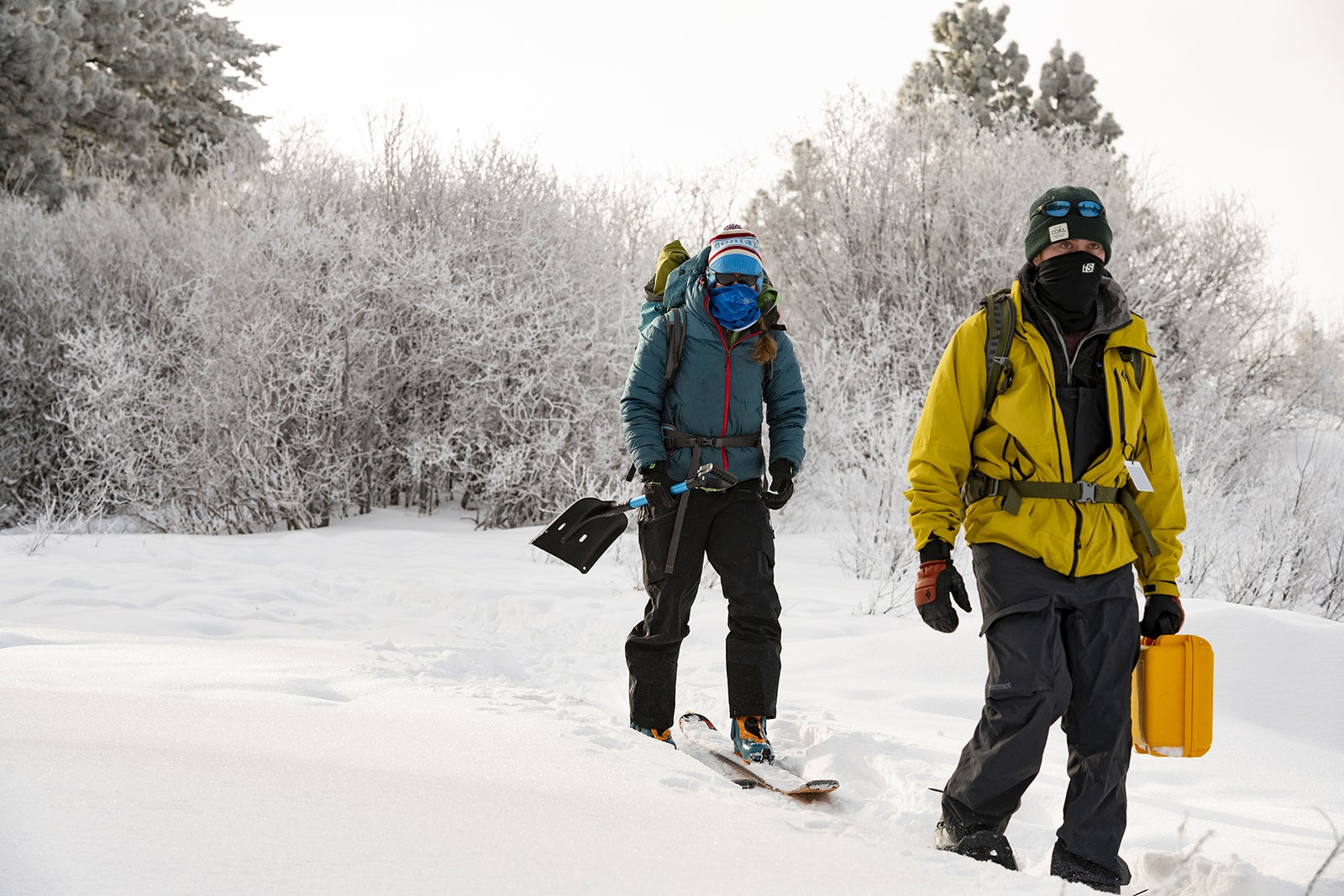 two researchers walking in snow