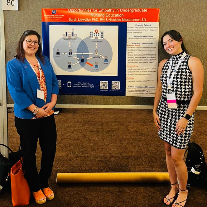 Dr. Sarah Llewellyn and research assistant Nicolette Missbrenner stand next to their research poster.