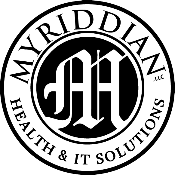 Myriddian Health and IT Solutions logo, a black and white image of three concentric circles with an ornate M in the middle circle. Meridian, LLC Health & IT Solutions is written around the center circle