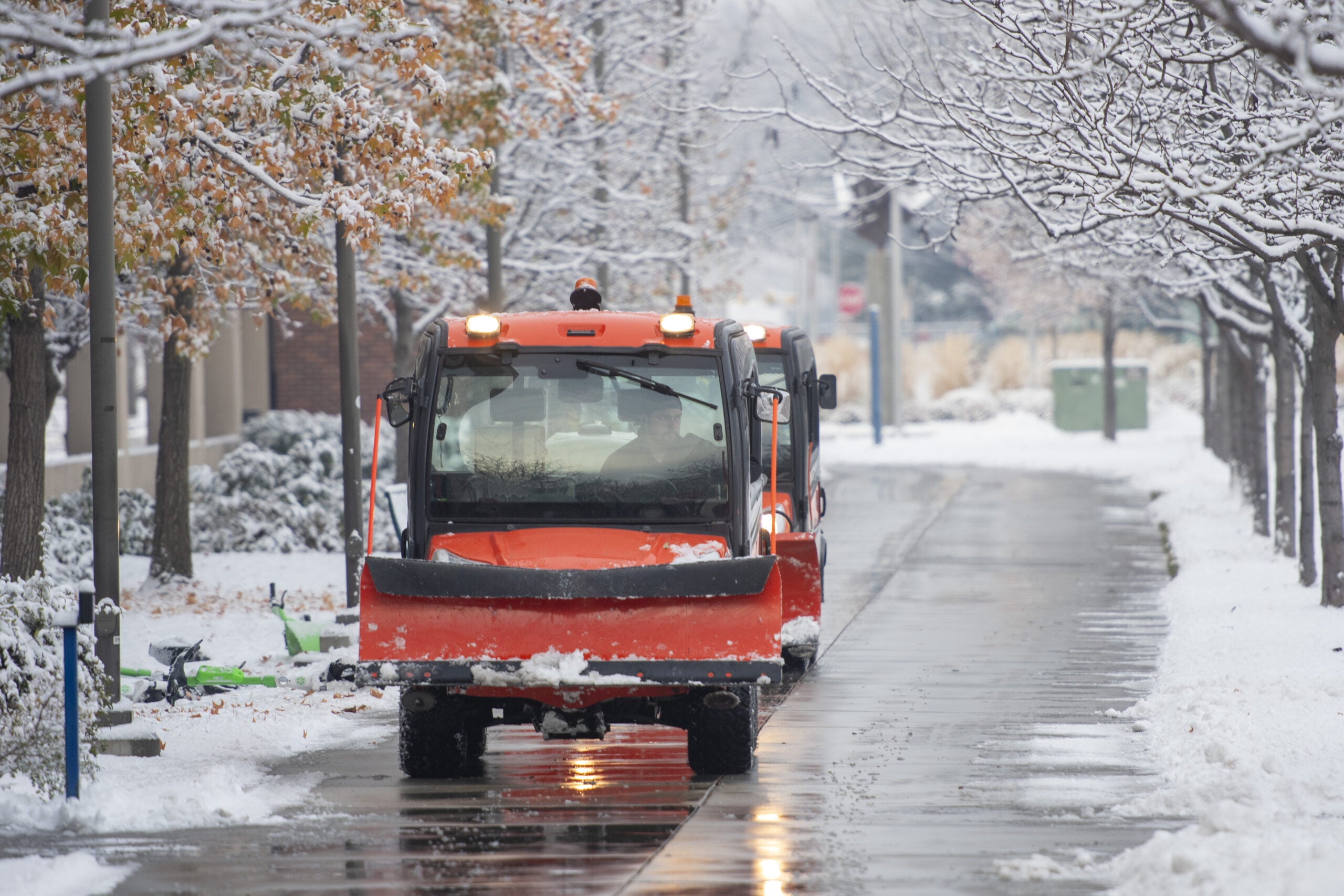 Boise State snow plows driving on campus.