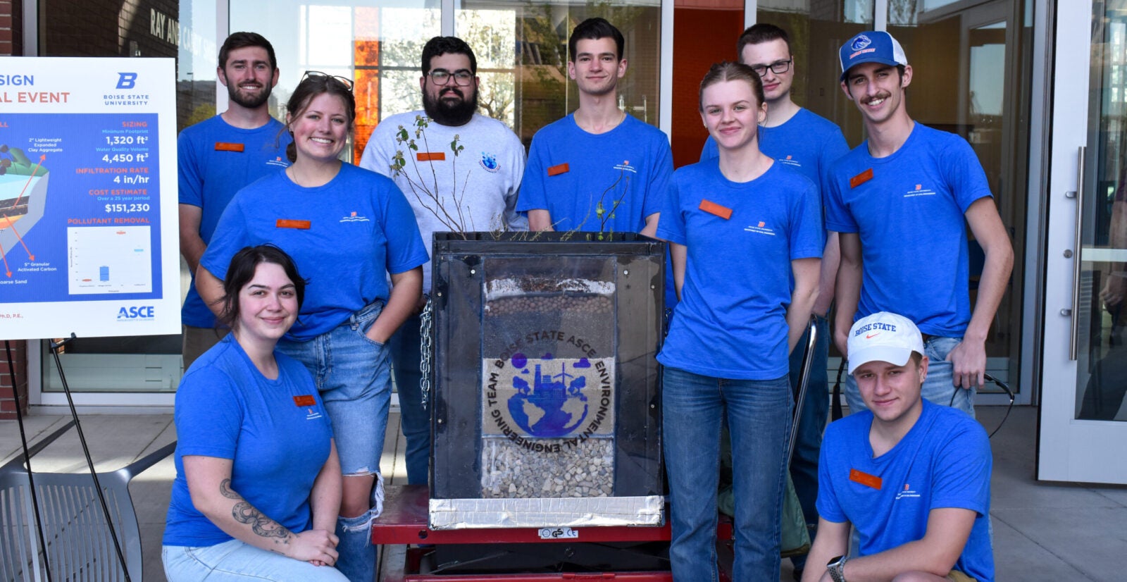 Photo of members of the ASCE Environmental Design and Sustainable Solutions team pose with their design.