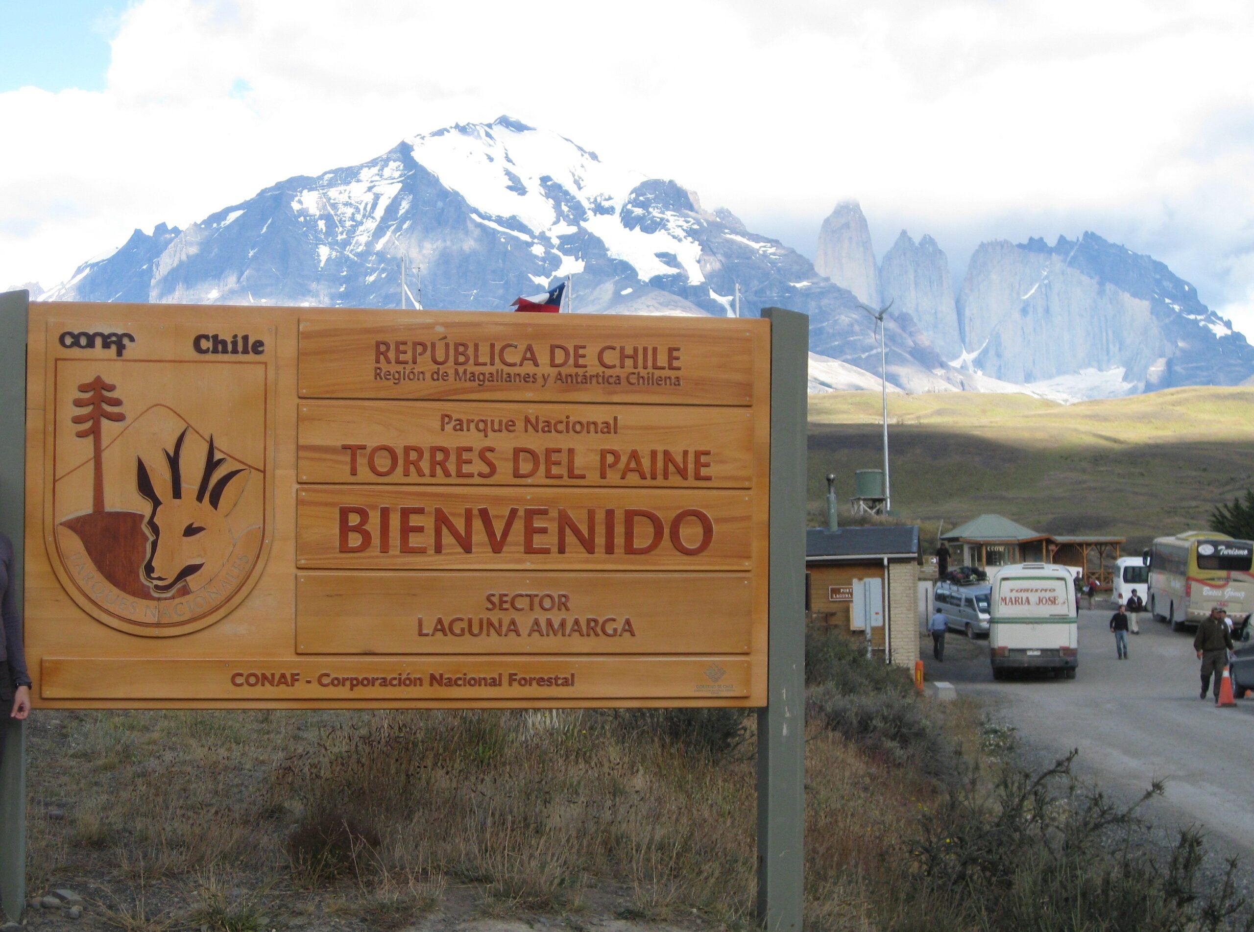 Entrance sign to Torres del Paine National Park in Chile