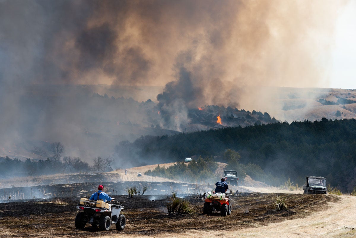 people on four wheelers and golf carts drive across smoky, smoldering land during prescribed burn