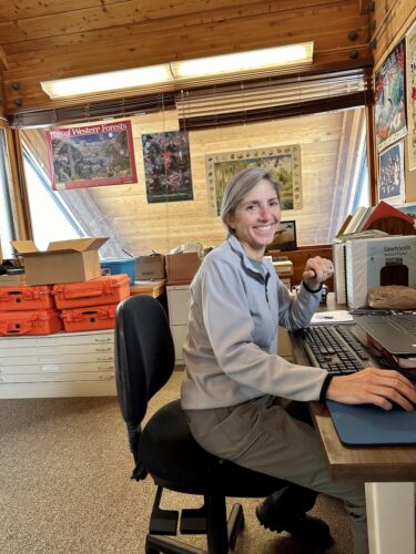 A person sits at a desk