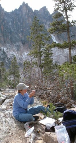 A person sits in the wilderness