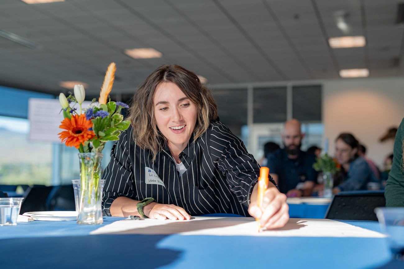 A person draws at a table