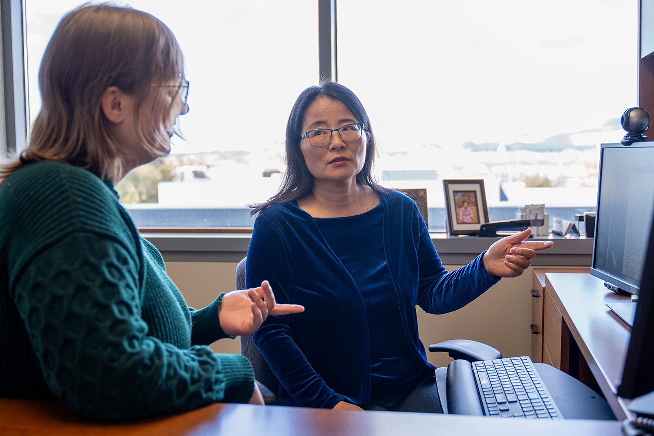 Two persons talk and gesture to a computer screen