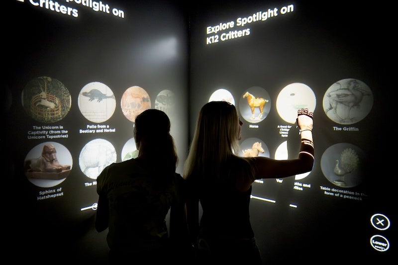 Persons interact with a digital projection