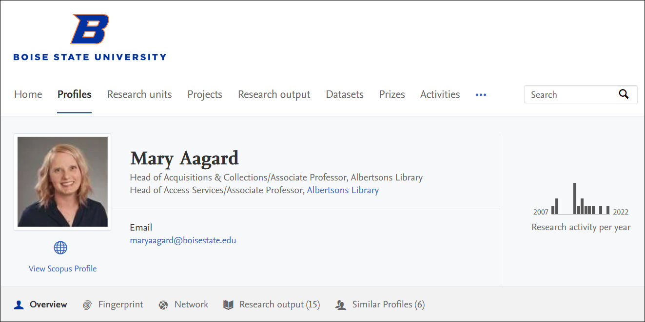 An image of Mary Aagard's scholar profile with the new system implemented.