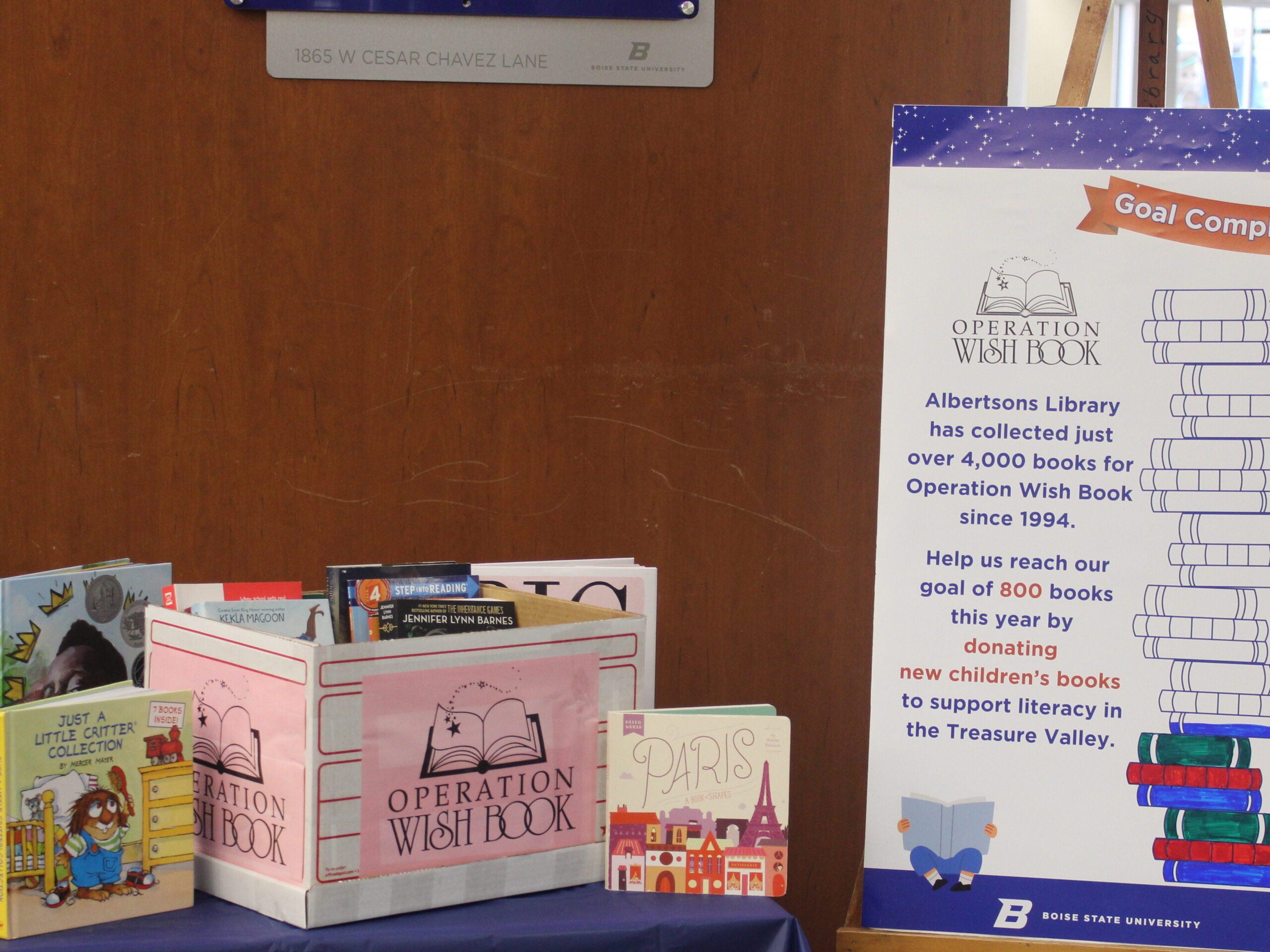 Donated books on a table