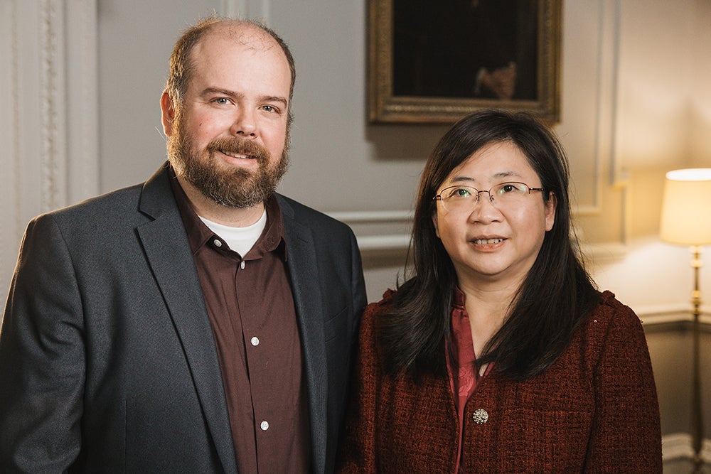 Pete Barnes (left) and Hui Claire Xiong (right) received the Charles Hatchett Award at the 2024 IOM3 Awards Day.