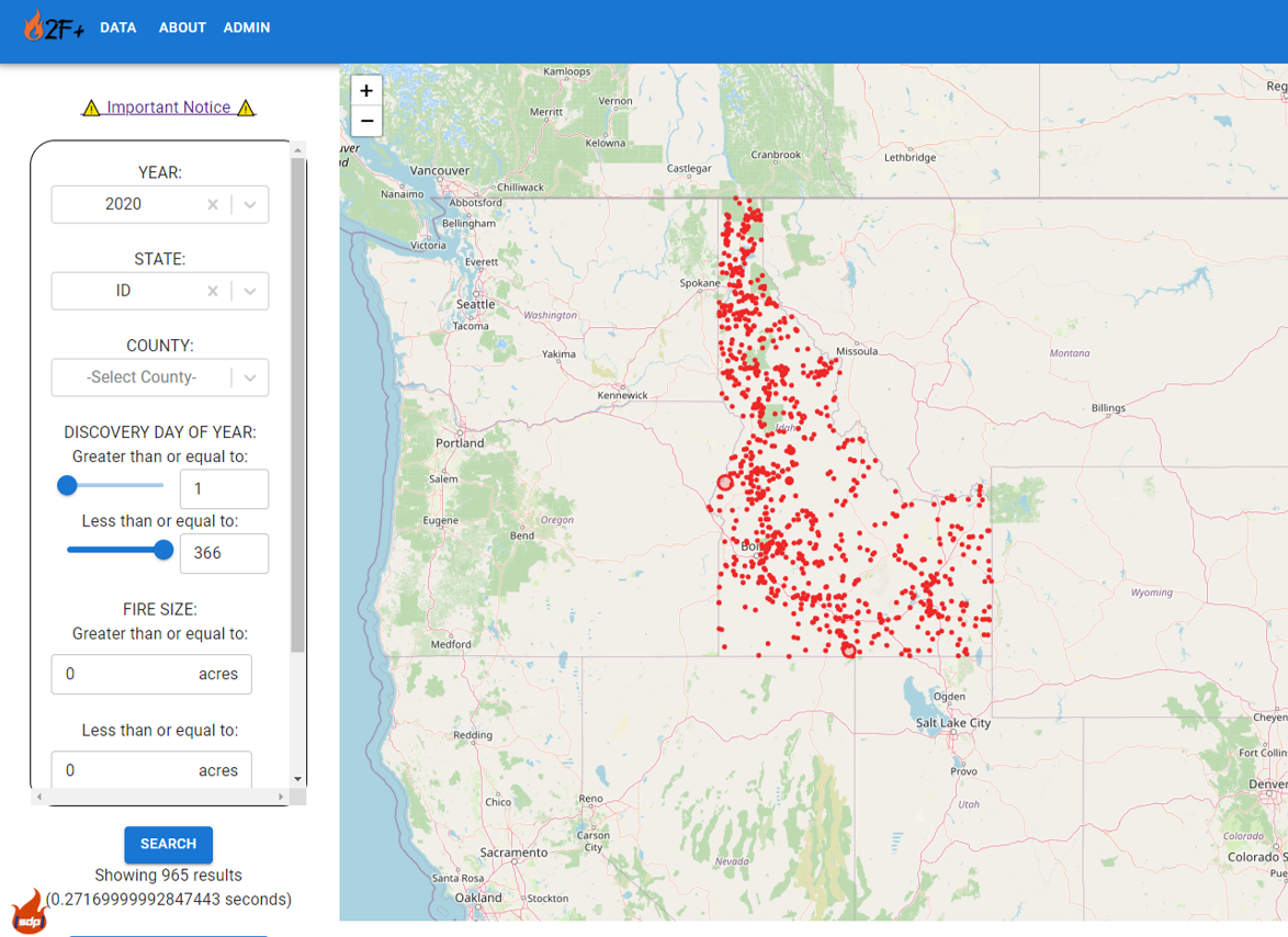 A U.S. map with red dots in the state of Idaho