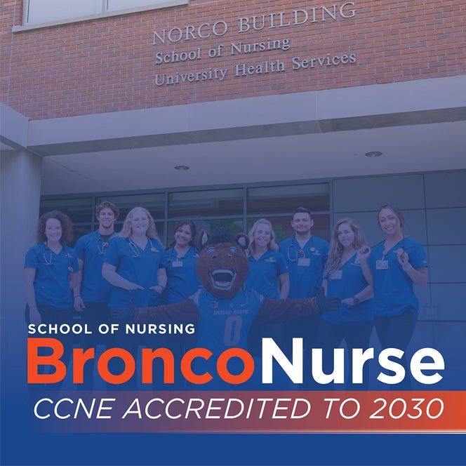 Text over a photo of nurses says, "School of Nursing Bronco Nurse. CCNE Accredited to 2030."
