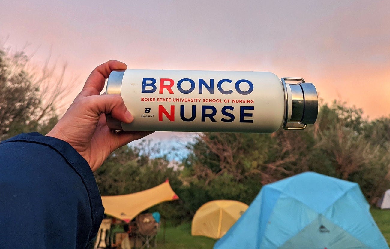 Water bottle that reads Bronco Nurse, Boise State University School of Nursing