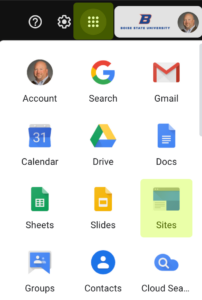App Launcher in Gmail with Sites icon highlighted