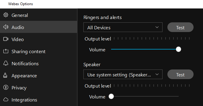 Webex audio settings