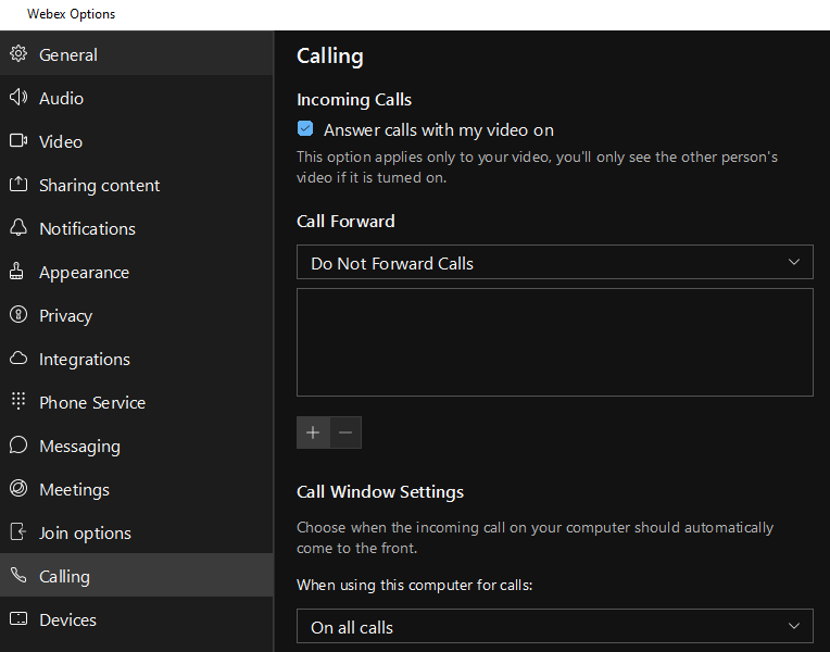 Webex forwarding calls options